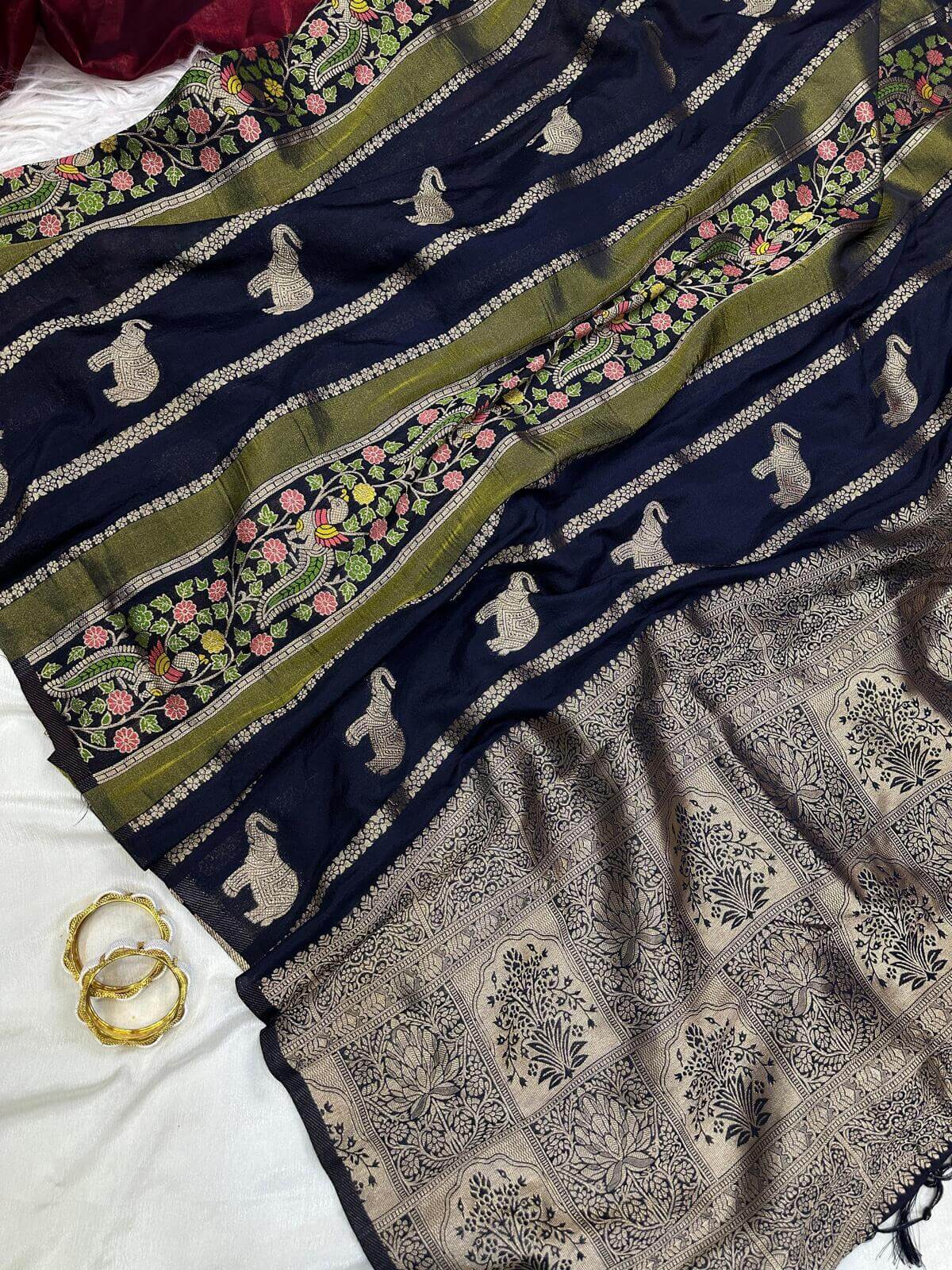 Panache Navy Blue Banarasi Tissue Silk Saree With Fancifull Blouse Piece