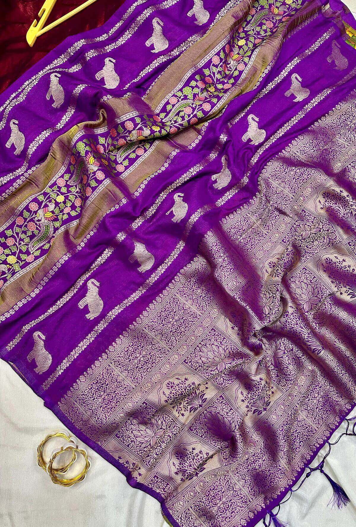 Vivacious Purple Banarasi Tissue Silk Saree With Hypnotic Blouse Piece