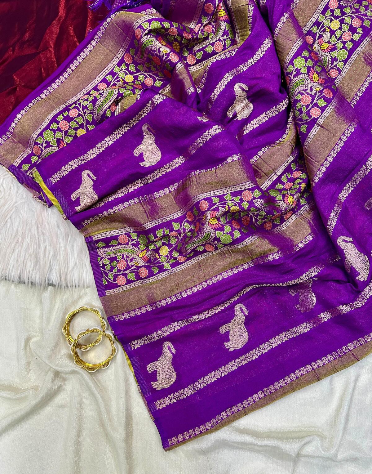 Vivacious Purple Banarasi Tissue Silk Saree With Hypnotic Blouse Piece