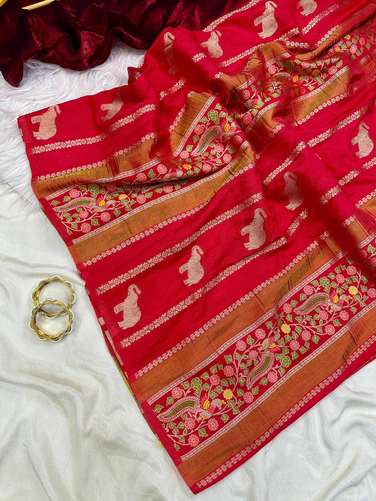 Murmurous Red Banarasi Tissue Silk Saree With Sophisticated Blouse Piece