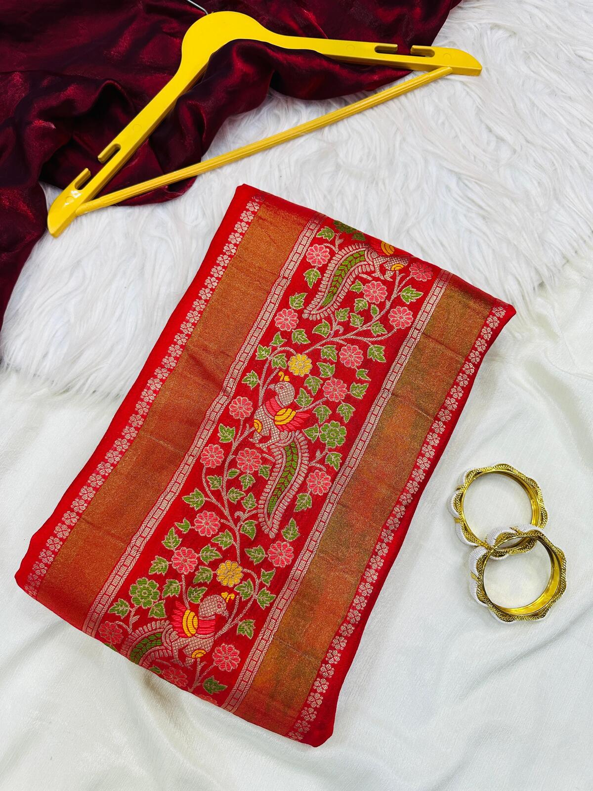 Murmurous Red Banarasi Tissue Silk Saree With Sophisticated Blouse Piece