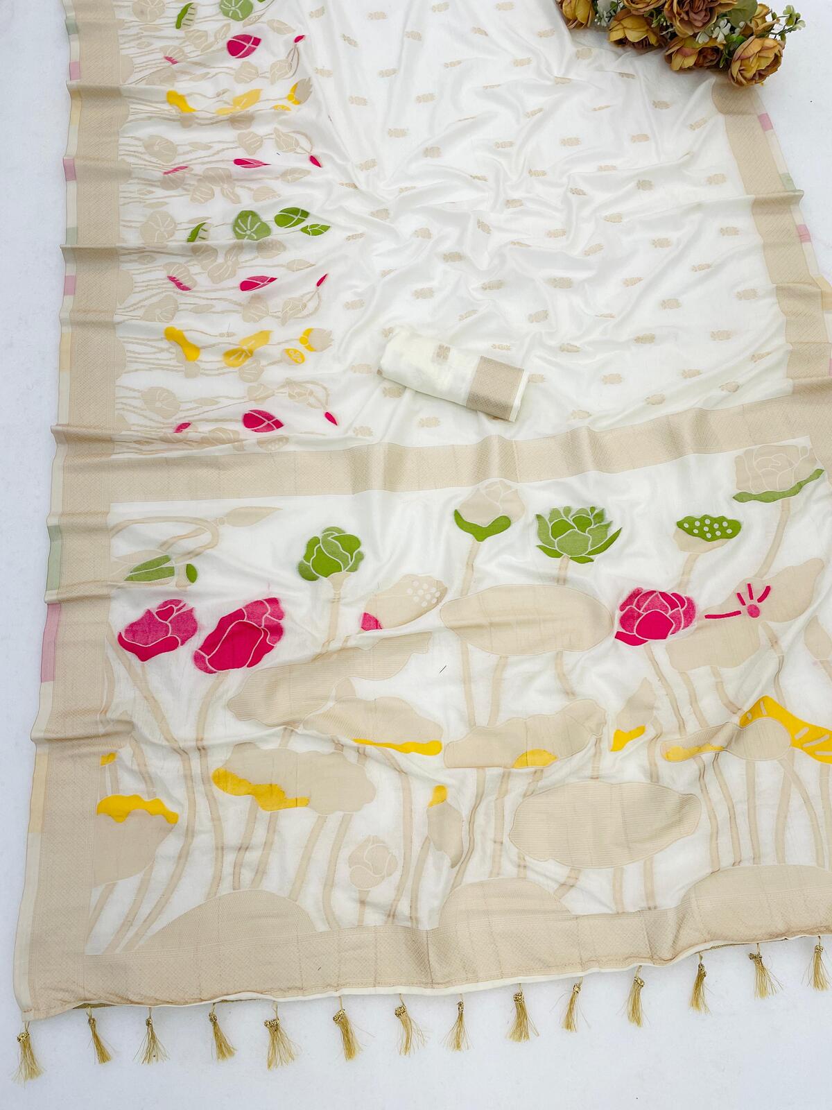 Forbearance Beige Khadi Georgette Banarasi Silk Saree With Felicitous Blouse Piece