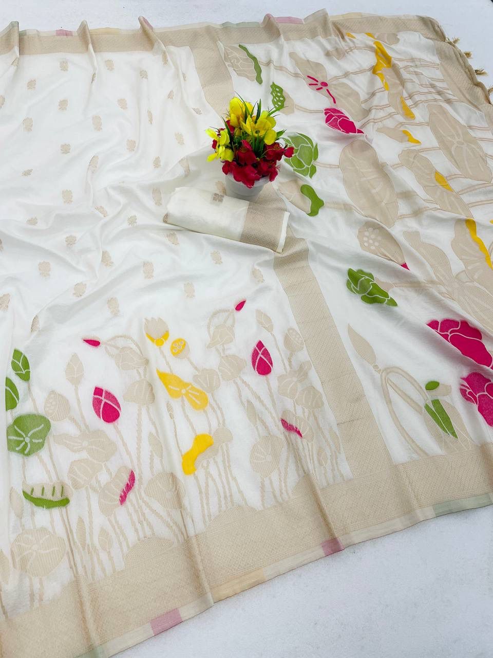 Forbearance Beige Khadi Georgette Banarasi Silk Saree With Felicitous Blouse Piece