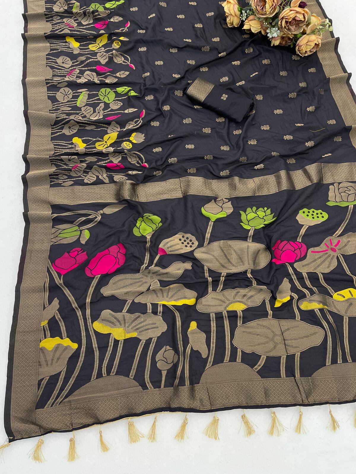 Winsome Black Khadi Georgette Banarasi Silk Saree With Enamoring Blouse Piece