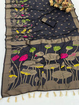 Winsome Black Khadi Georgette Banarasi Silk Saree With Enamoring Blouse Piece