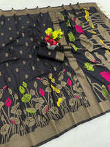 Winsome Black Khadi Georgette Banarasi Silk Saree With Enamoring Blouse Piece