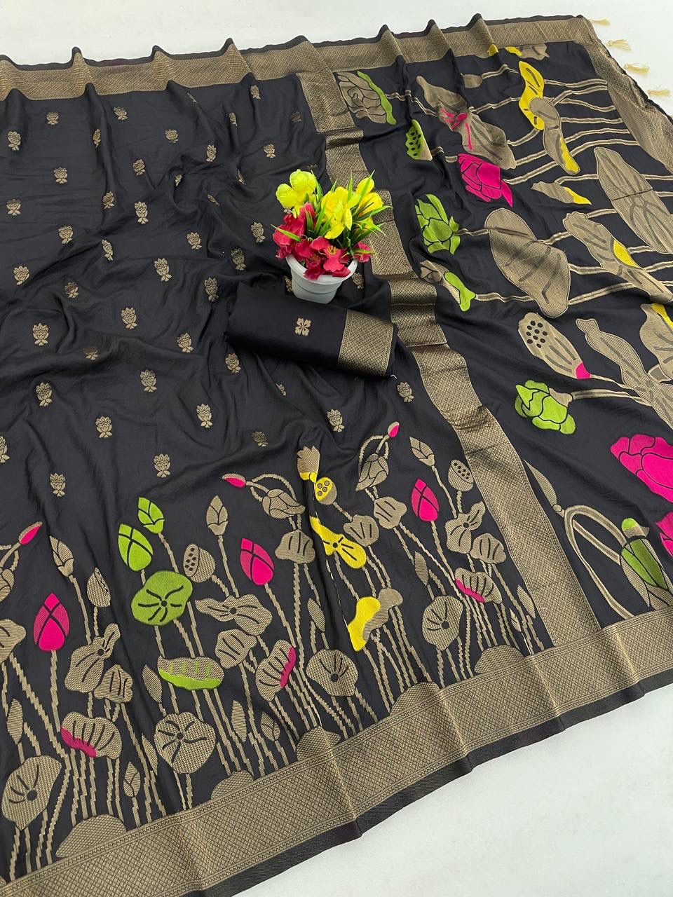 Winsome Black Khadi Georgette Banarasi Silk Saree With Enamoring Blouse Piece