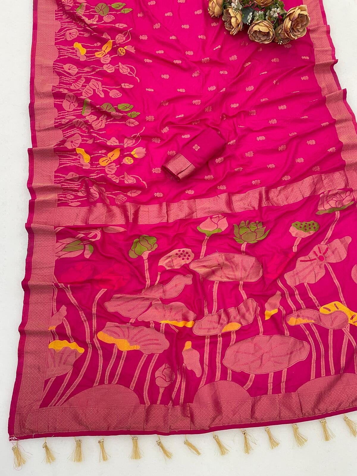 Sizzling Dark Pink Khadi Georgette Banarasi Silk Saree With Quixotic Blouse Piece