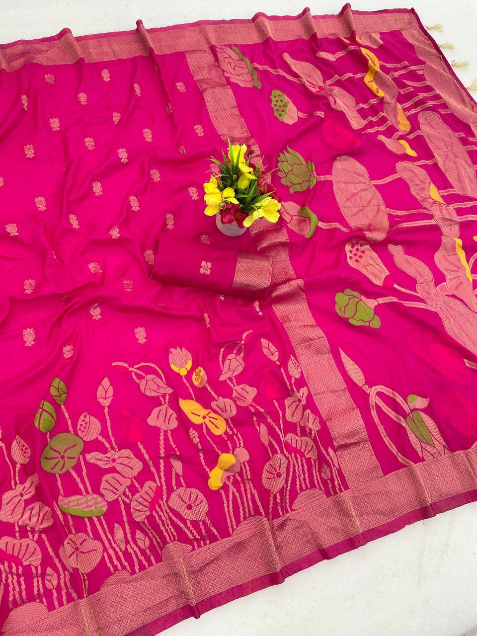 Sizzling Dark Pink Khadi Georgette Banarasi Silk Saree With Quixotic Blouse Piece