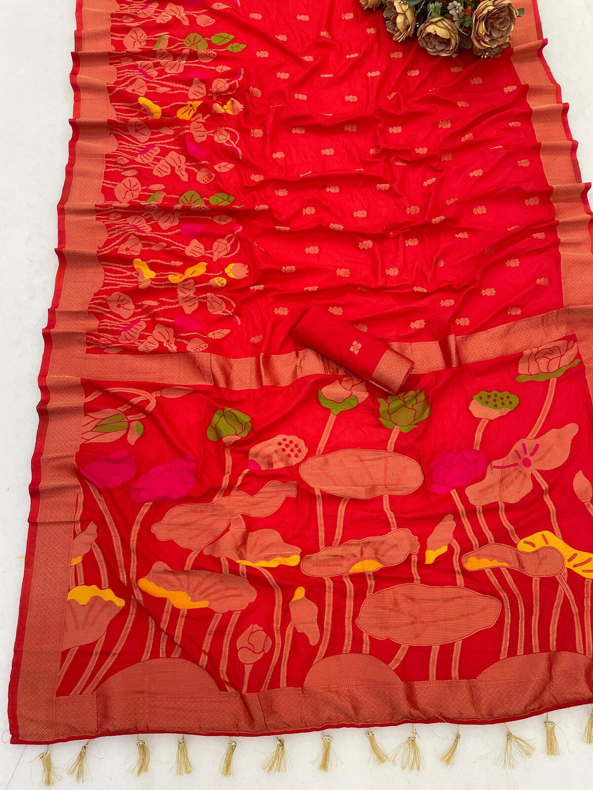 Gratifying Red Khadi Georgette Banarasi Silk Saree With Serendipity Blouse Piece