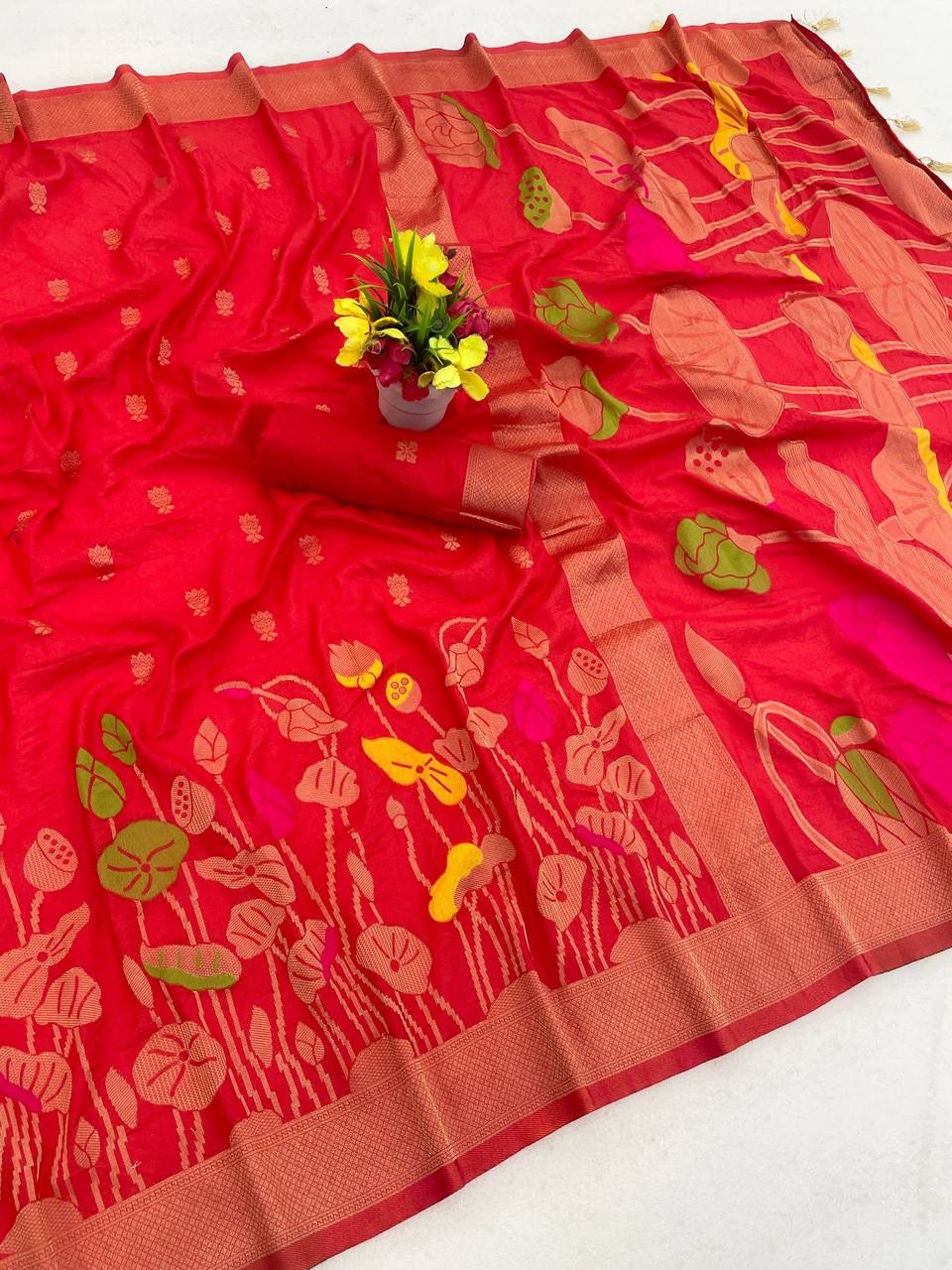 Gratifying Red Khadi Georgette Banarasi Silk Saree With Serendipity Blouse Piece