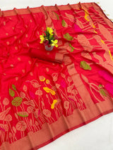 Gratifying Red Khadi Georgette Banarasi Silk Saree With Serendipity Blouse Piece