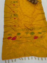 Staring Yellow Khadi Georgette Banarasi Silk Saree With Precious Blouse Piece