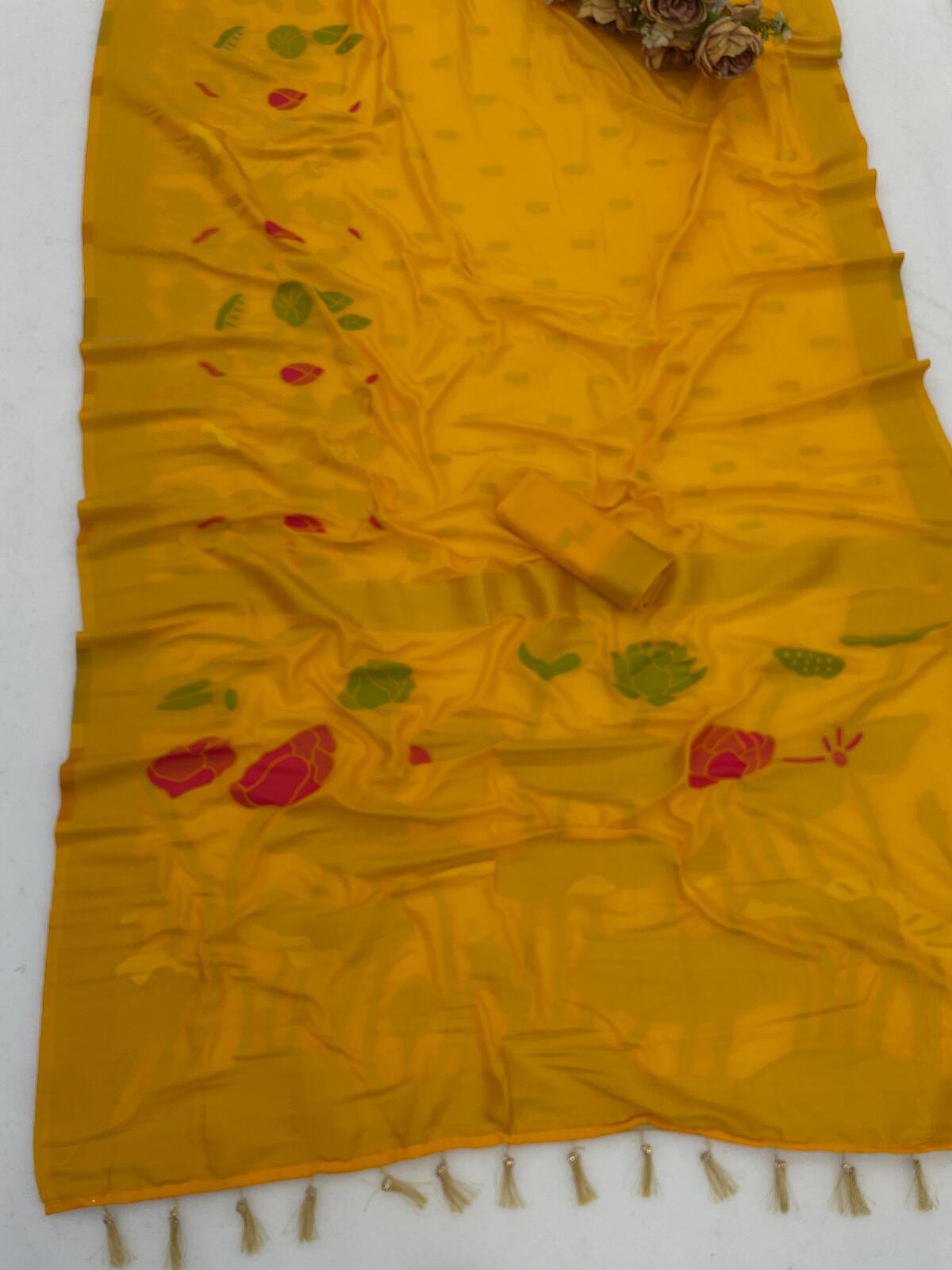 Staring Yellow Khadi Georgette Banarasi Silk Saree With Precious Blouse Piece