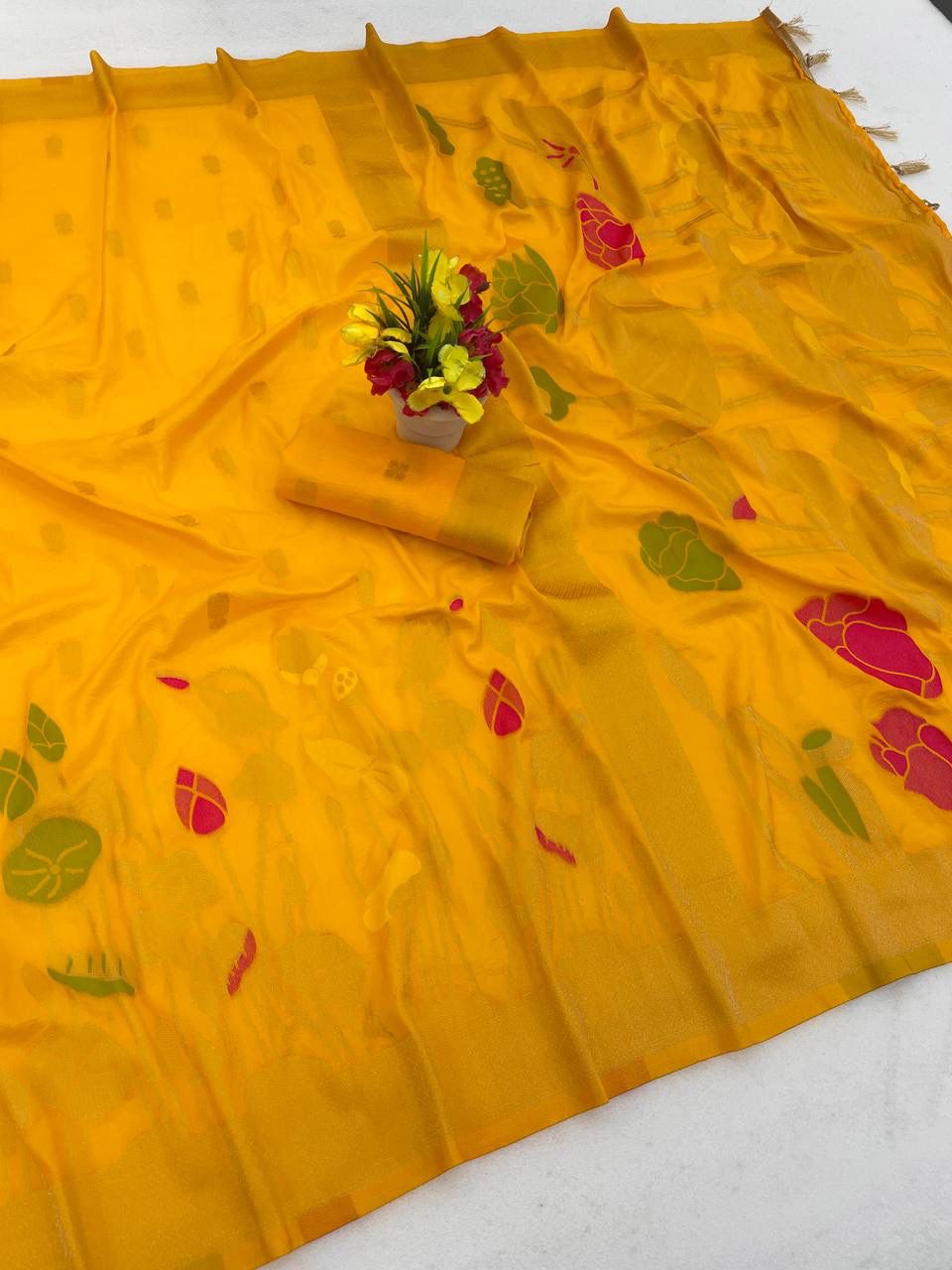 Staring Yellow Khadi Georgette Banarasi Silk Saree With Precious Blouse Piece