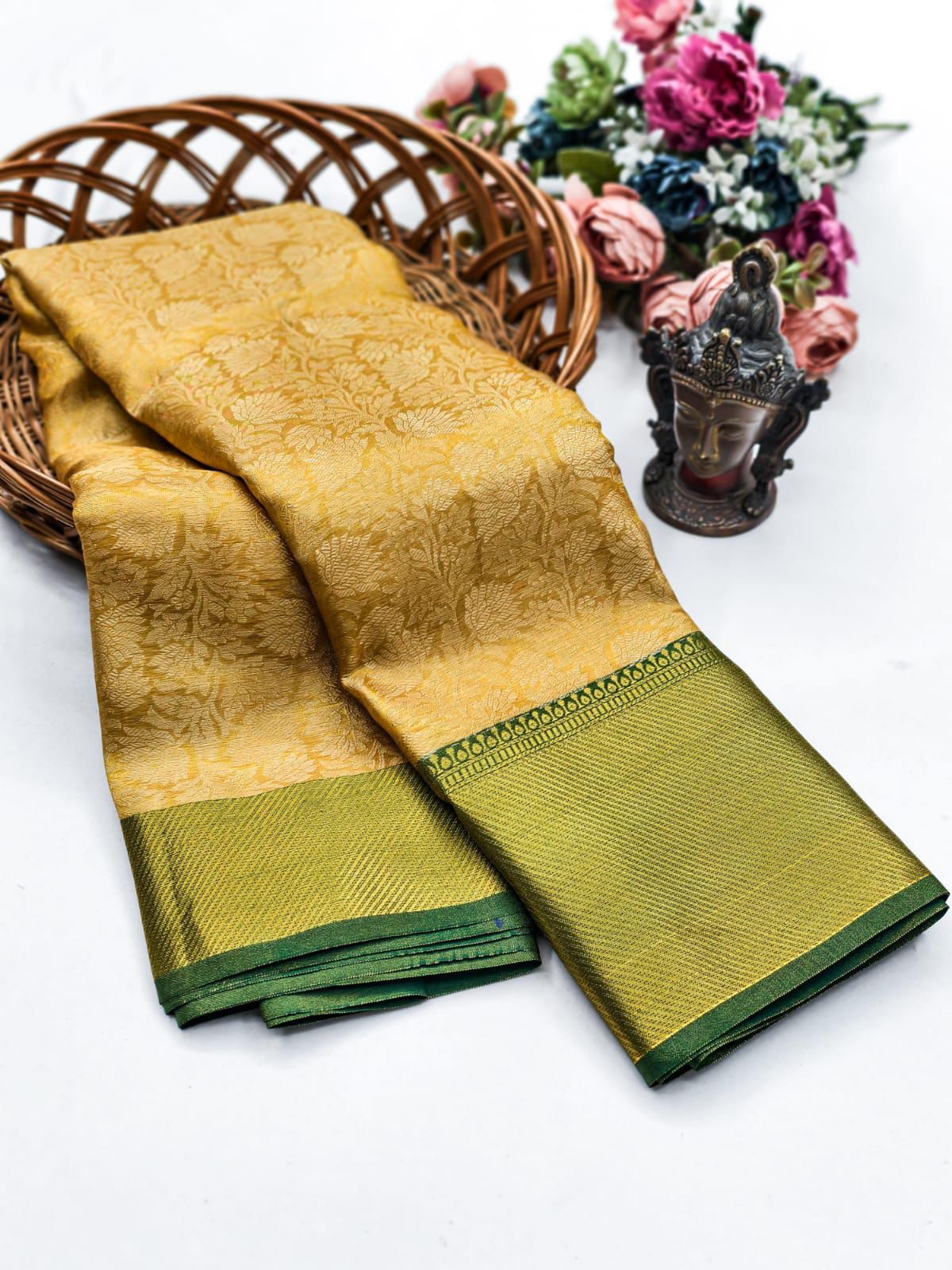 Delectable Golden Soft Tissue Silk Saree With Adoring Blouse Piece