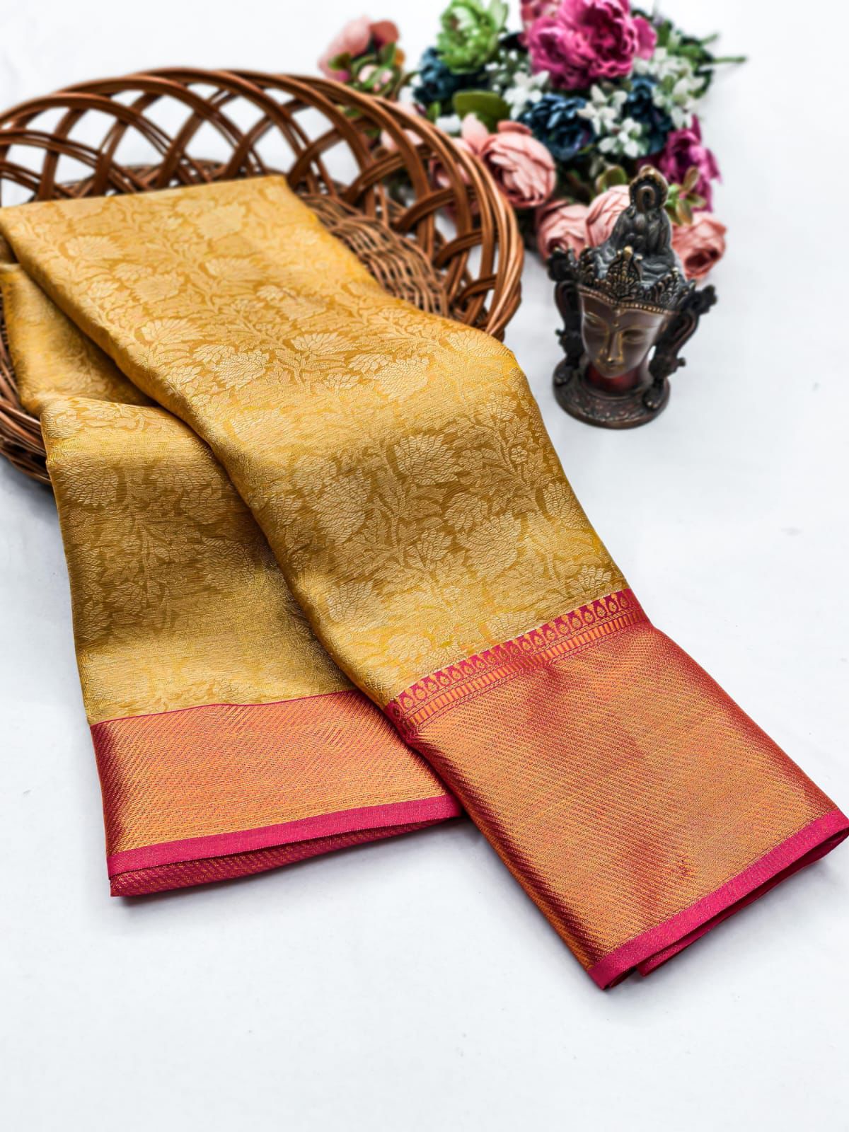 Evanescent Golden Soft Tissue Silk Saree With Flaunt Blouse Piece