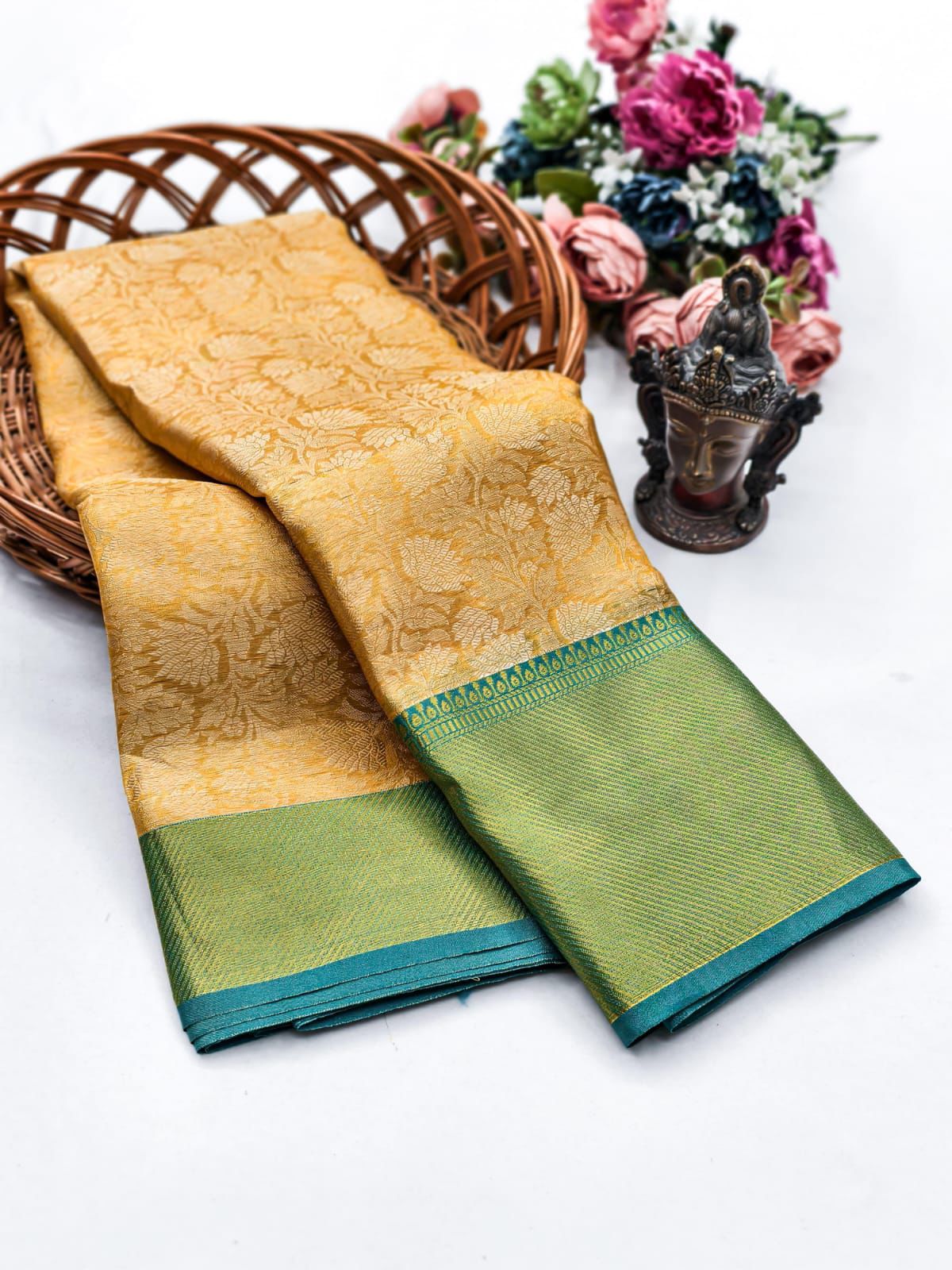 Mesmerising Golden Soft Tissue Silk Saree With Enigmatic Blouse Piece