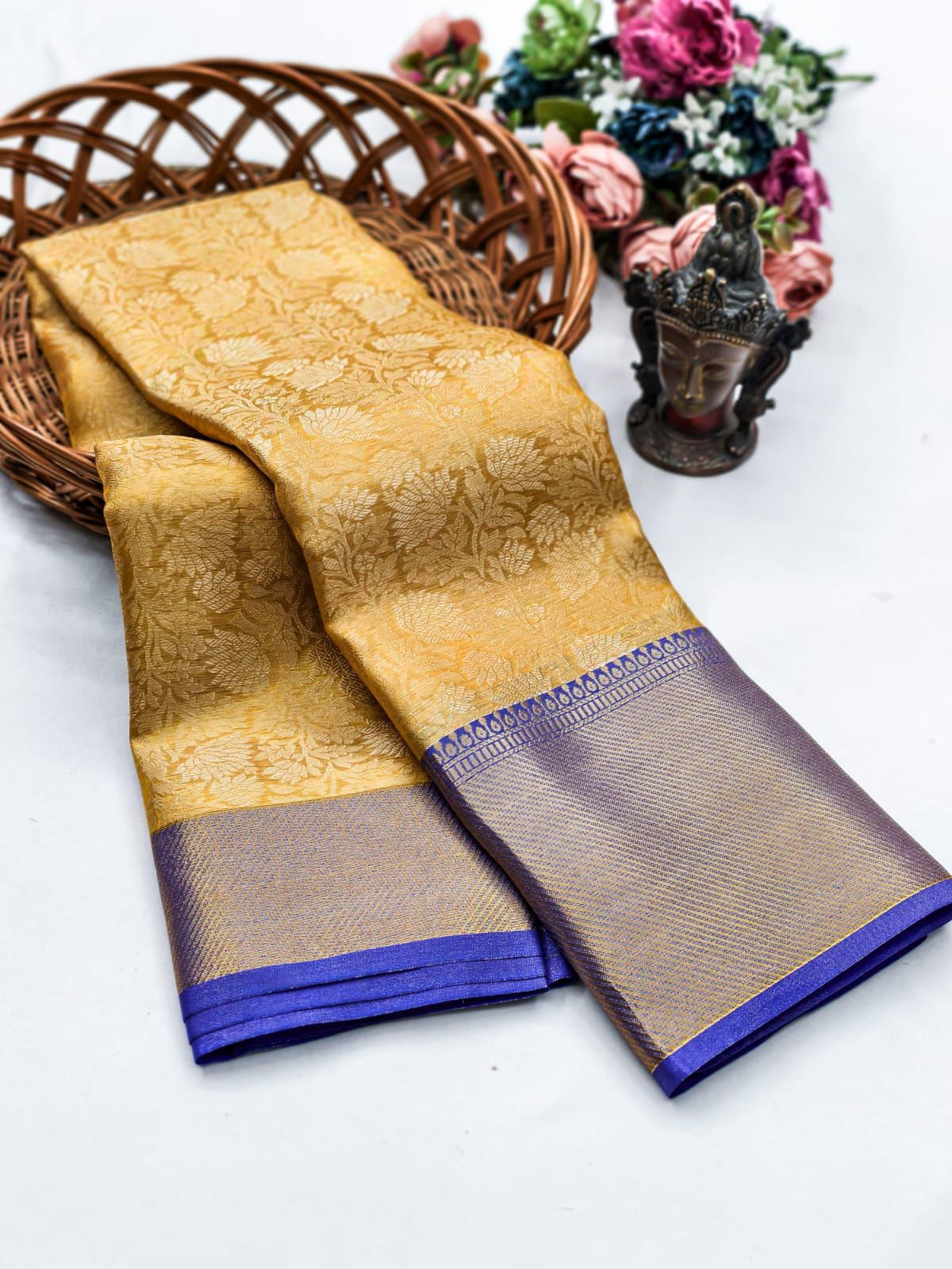 Ravishing Golden Soft Tissue Silk Saree With Delightful Blouse Piece