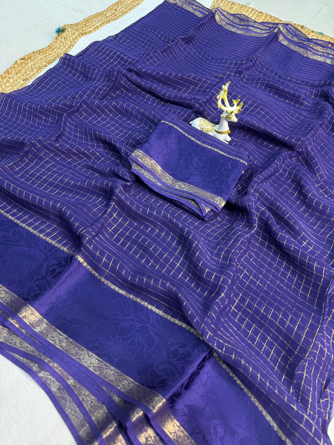 Ratatouille Navy Blue Banarasi Viscose Georgette Silk Saree With Snappy Blouse Piece