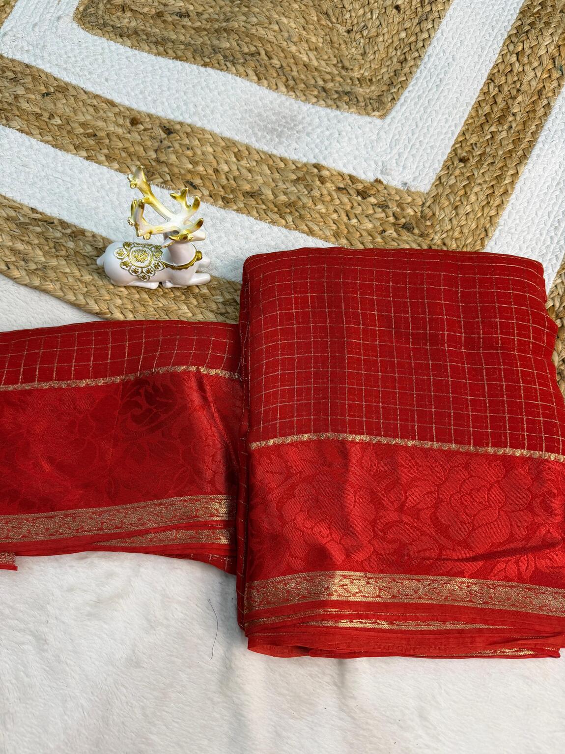 Stylish Red Banarasi Viscose Georgette Silk Saree With Surreptitious Blouse Piece