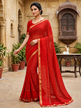 Stylish Red Banarasi Viscose Georgette Silk Saree With Surreptitious Blouse Piece