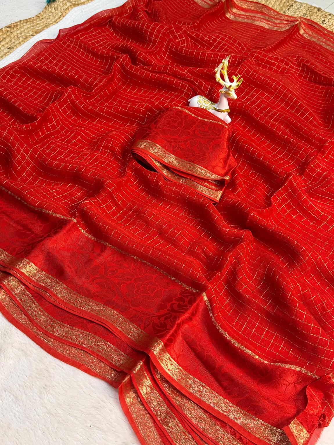 Stylish Red Banarasi Viscose Georgette Silk Saree With Surreptitious Blouse Piece
