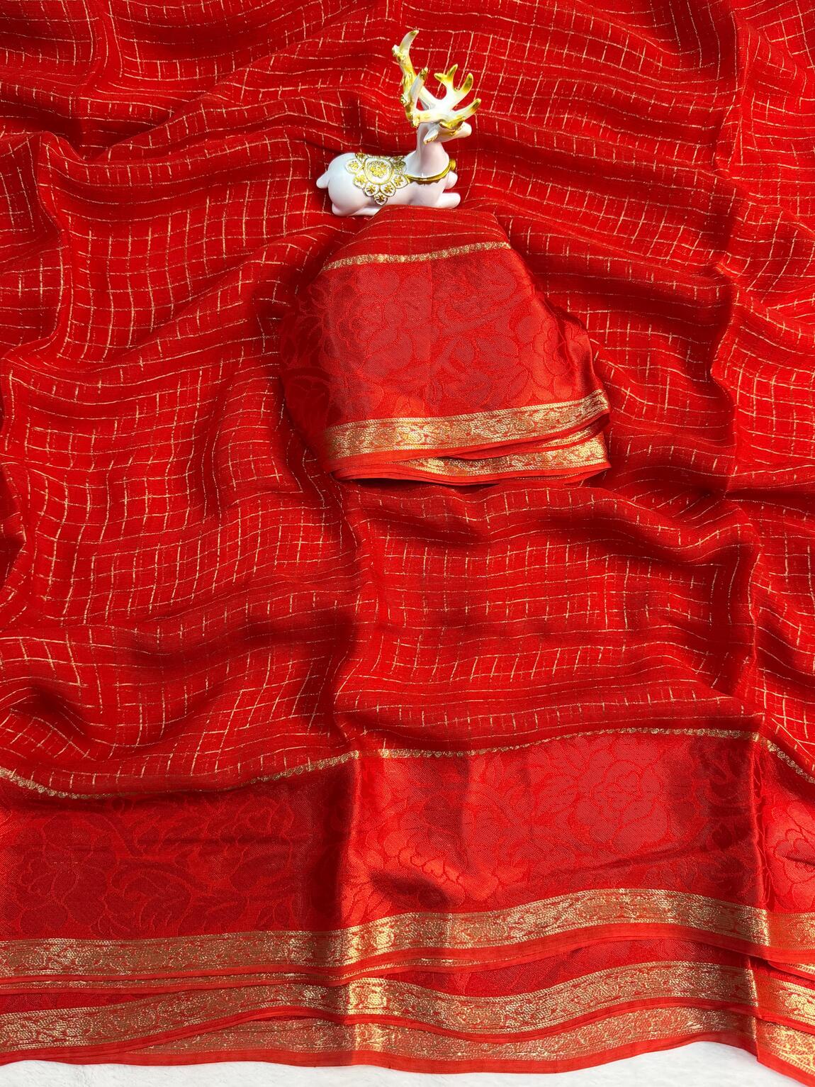 Stylish Red Banarasi Viscose Georgette Silk Saree With Surreptitious Blouse Piece