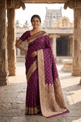 Exemplary Purple Pure Zari Weaving Banarasi Silk Saree With Nectarous Blouse Piece