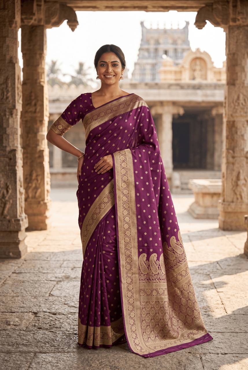 Exemplary Purple Pure Zari Weaving Banarasi Silk Saree With Nectarous Blouse Piece