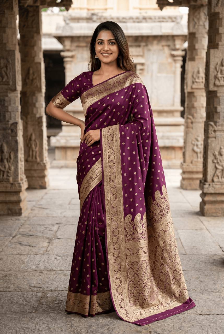 Exemplary Purple Pure Zari Weaving Banarasi Silk Saree With Nectarous Blouse Piece