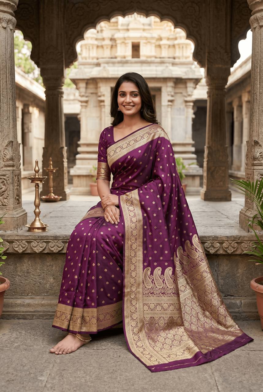 Exemplary Purple Pure Zari Weaving Banarasi Silk Saree With Nectarous Blouse Piece