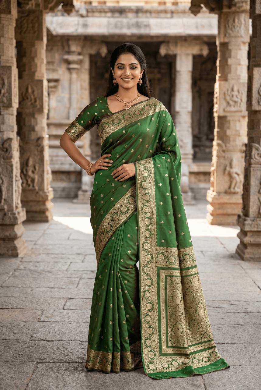 Adorning Green Pure Zari Weaving Banarasi Silk Saree With Pulsating Blouse Piece