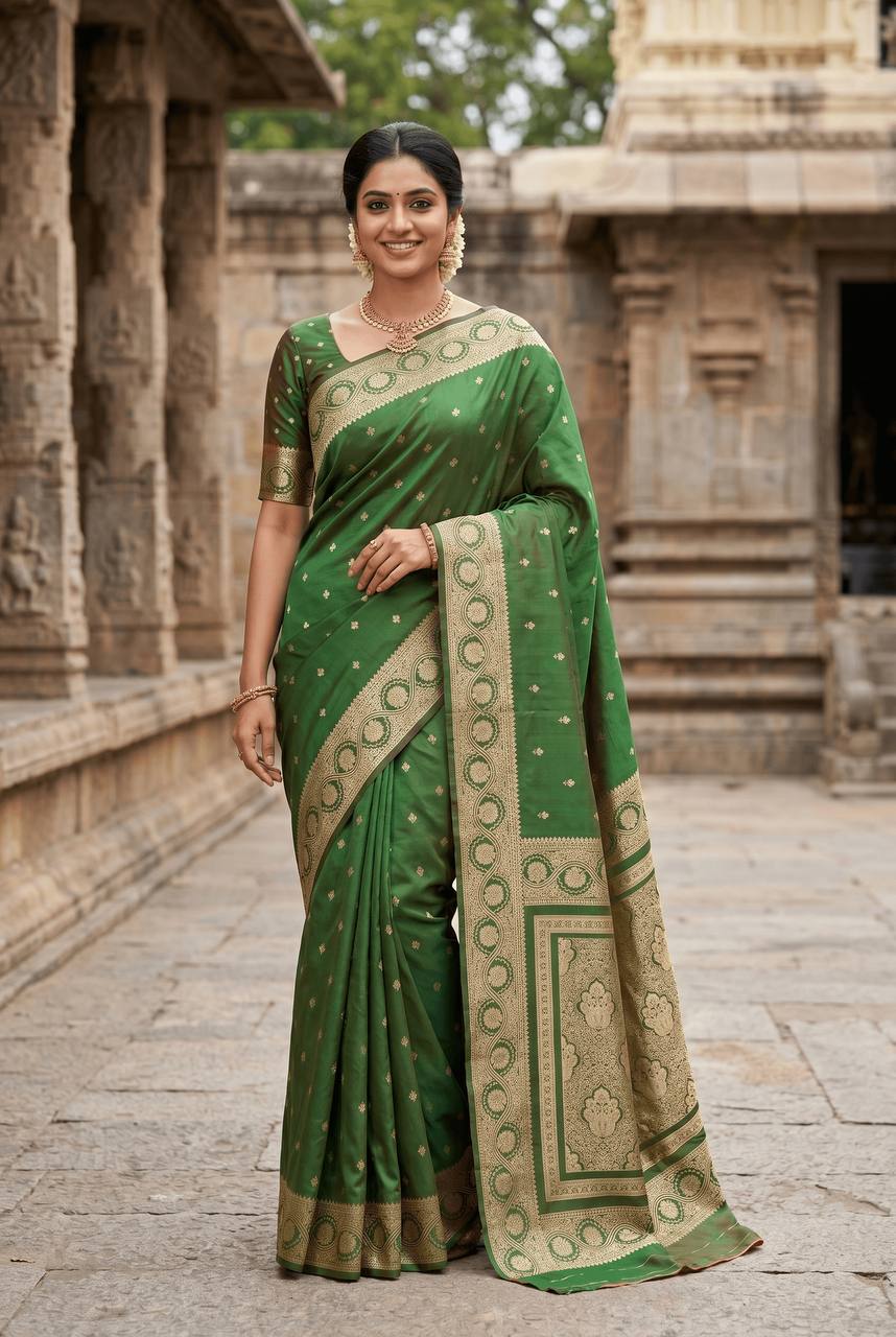 Adorning Green Pure Zari Weaving Banarasi Silk Saree With Pulsating Blouse Piece