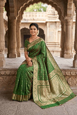 Adorning Green Pure Zari Weaving Banarasi Silk Saree With Pulsating Blouse Piece