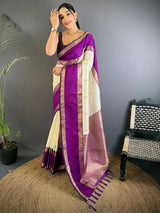 Fugacious Beige Pure Zari Weaving Banarasi Silk Saree With Brood Blouse Piece