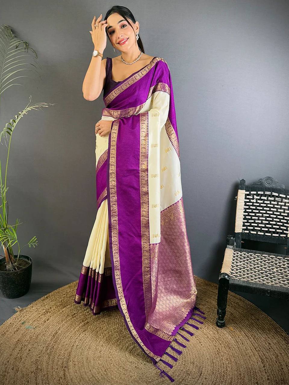 Fugacious Beige Pure Zari Weaving Banarasi Silk Saree With Brood Blouse Piece