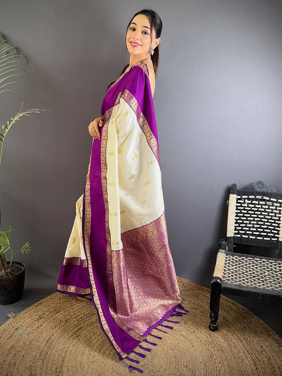 Fugacious Beige Pure Zari Weaving Banarasi Silk Saree With Brood Blouse Piece