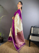 Fugacious Beige Pure Zari Weaving Banarasi Silk Saree With Brood Blouse Piece