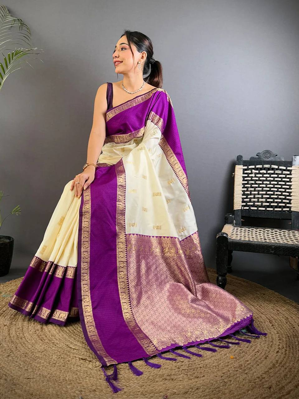 Fugacious Beige Pure Zari Weaving Banarasi Silk Saree With Brood Blouse Piece