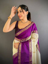 Fugacious Beige Pure Zari Weaving Banarasi Silk Saree With Brood Blouse Piece