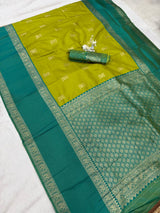 Panoply Mehndi Pure Zari Weaving Banarasi Silk Saree With Imbrication Blouse Piece