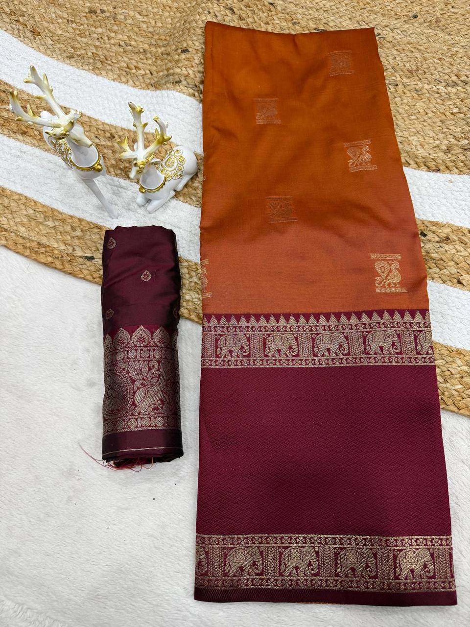 Majestic Orange Pure Zari Weaving Banarasi Silk Saree With Grandiose Blouse Piece