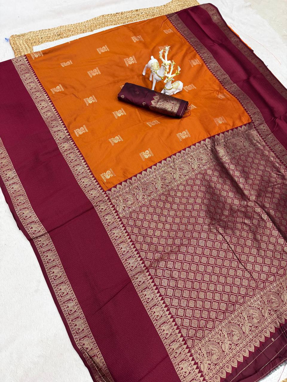 Majestic Orange Pure Zari Weaving Banarasi Silk Saree With Grandiose Blouse Piece