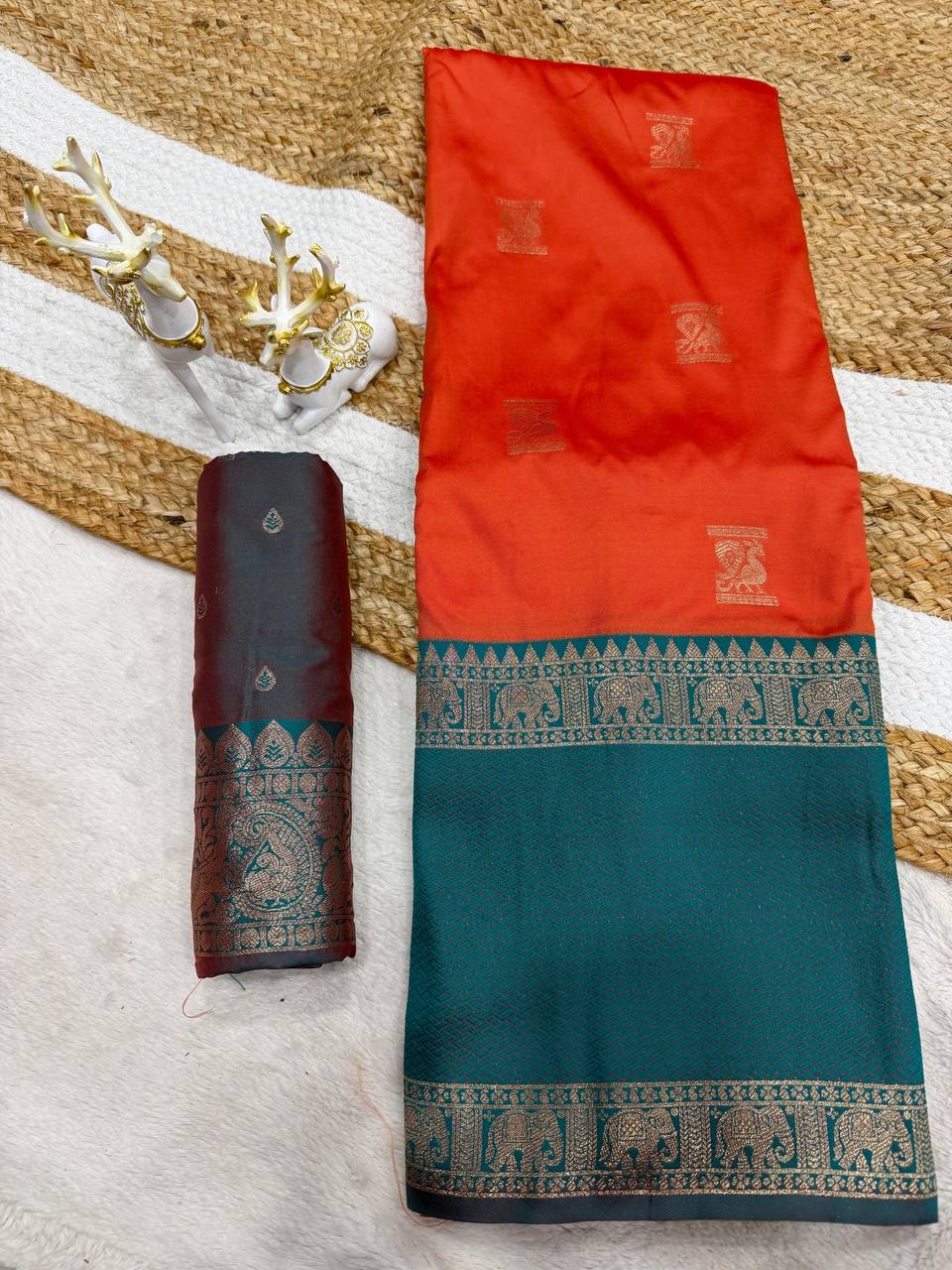 Surpassing Orange Pure Zari Weaving Banarasi Silk Saree With Sensational Blouse Piece