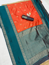 Surpassing Orange Pure Zari Weaving Banarasi Silk Saree With Sensational Blouse Piece
