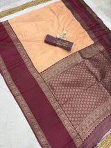 Conflate Peach Pure Zari Weaving Banarasi Silk Saree With Jubilant Blouse Piece