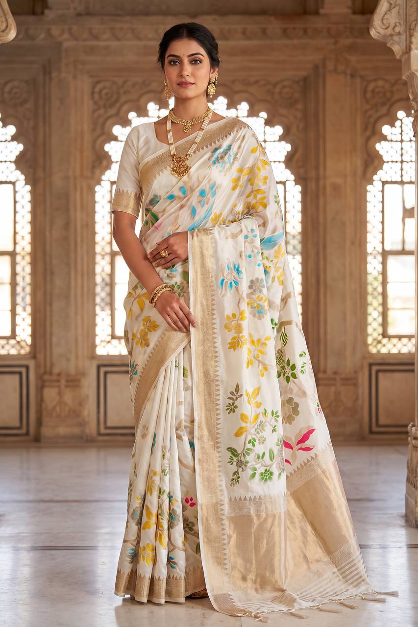 Rhapsodic Beige Khadi Georgette Banarasi Silk Saree With Ethereal Blouse Piece