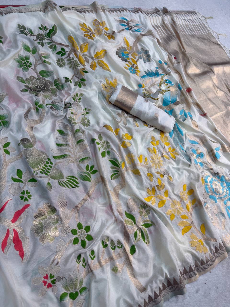 Rhapsodic Beige Khadi Georgette Banarasi Silk Saree With Ethereal Blouse Piece