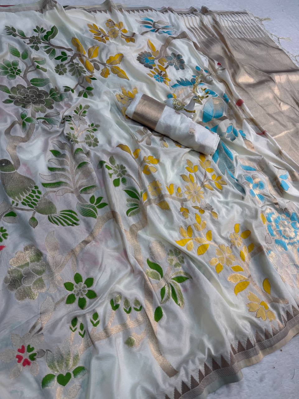 Rhapsodic Beige Khadi Georgette Banarasi Silk Saree With Ethereal Blouse Piece